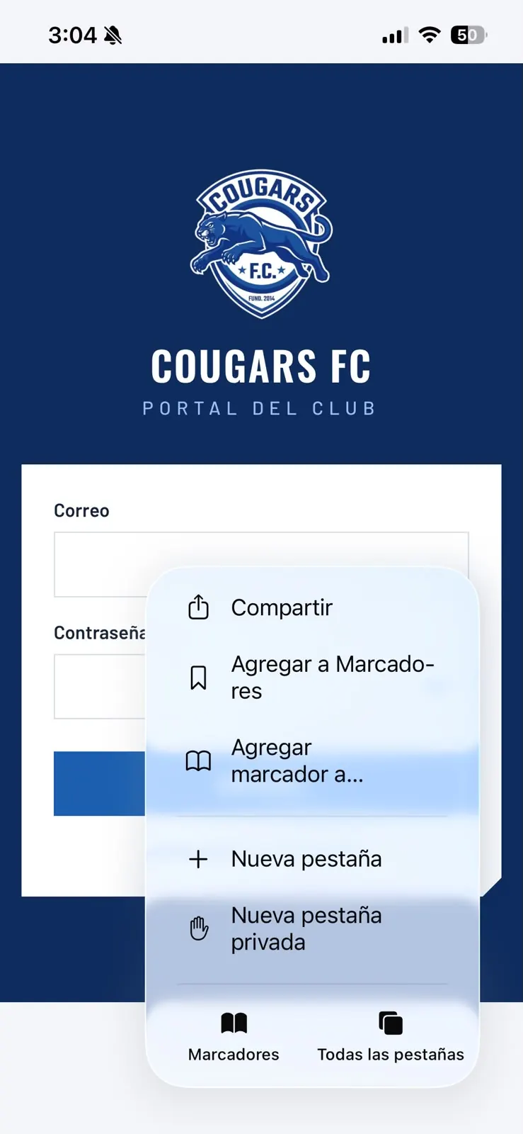 Menú de Safari con la opción Compartir marcada