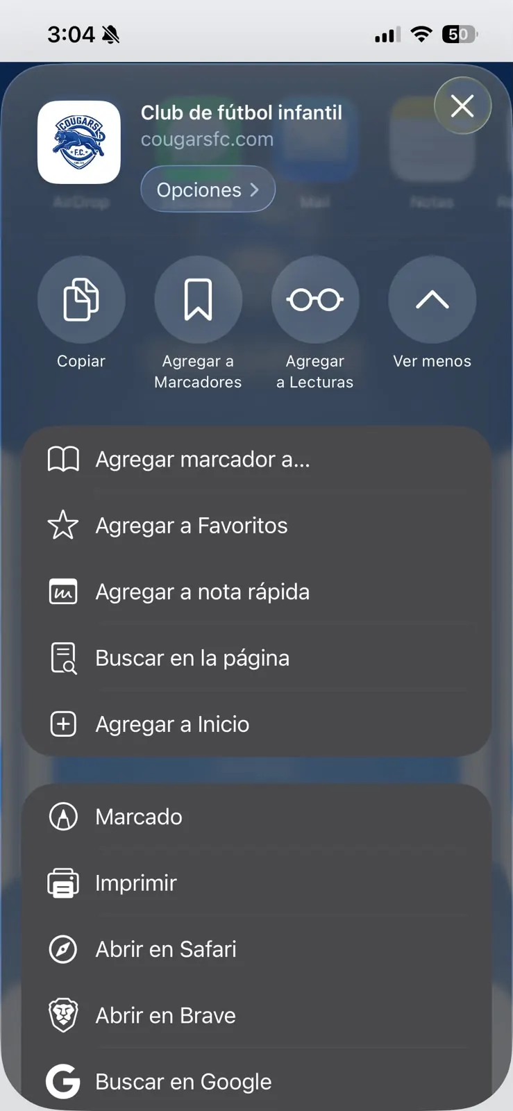 Hoja de compartir con Ver más y Agregar a Inicio marcados