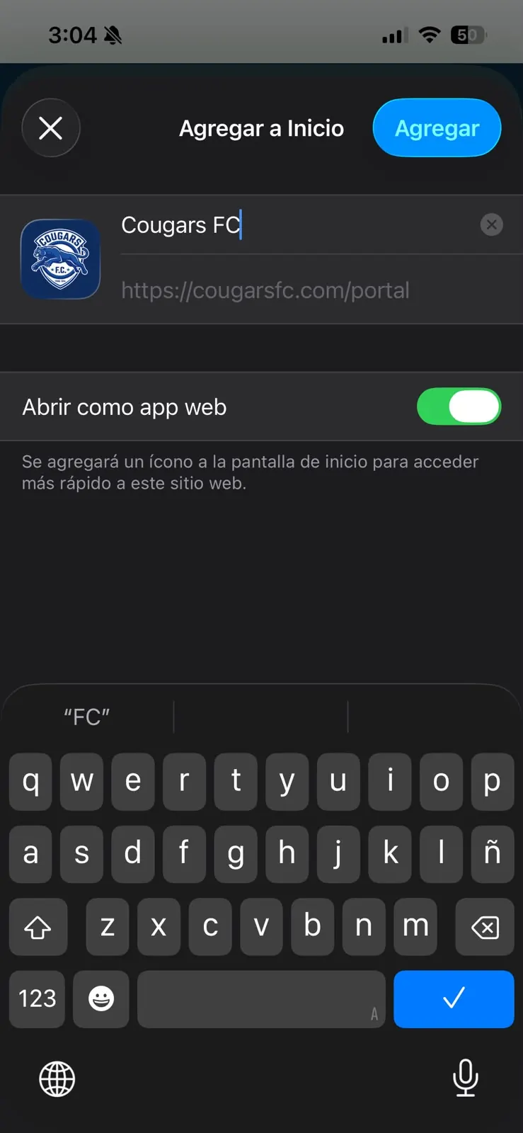 Pantalla Agregar a Inicio con el interruptor Abrir como app web y el botón Agregar marcados